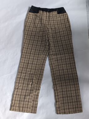 Women’s Straight-Leg Checked Tan Pants with Black Waistband USA - 2